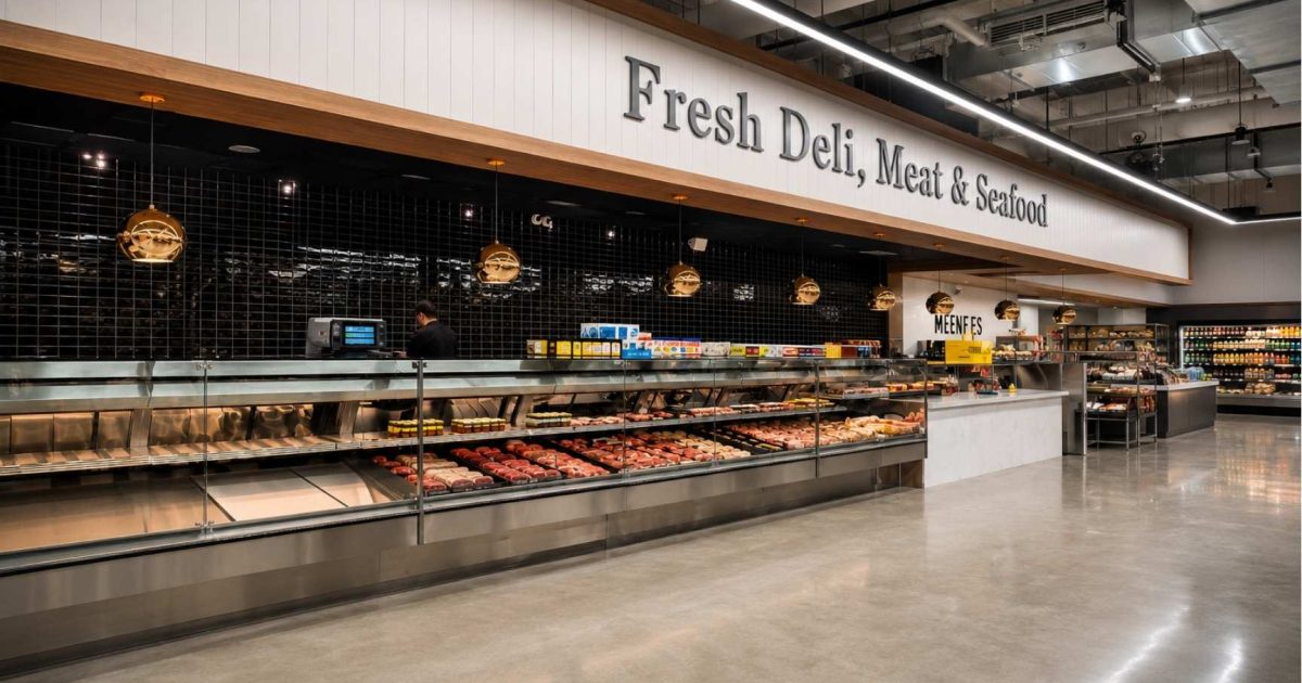 Marché Leo’s Waterfront fresh deli, meat, and seafood department with commercial refrigerated display cases.