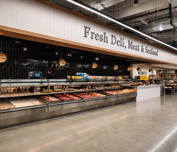 Marché Leo’s Waterfront fresh deli, meat, and seafood department with commercial refrigerated display cases.