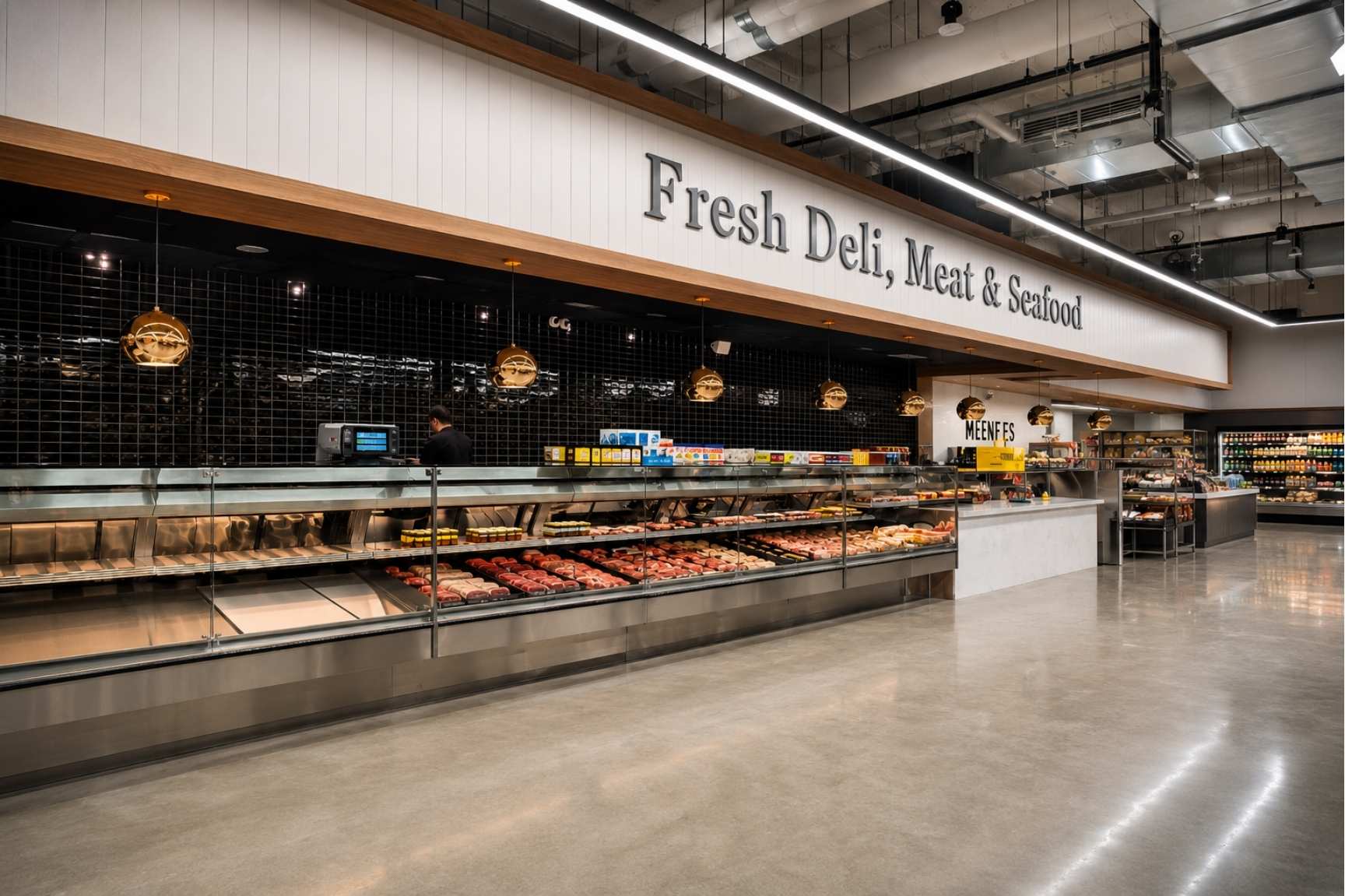 Marché Leo’s Waterfront fresh deli, meat, and seafood department with commercial refrigerated display cases.