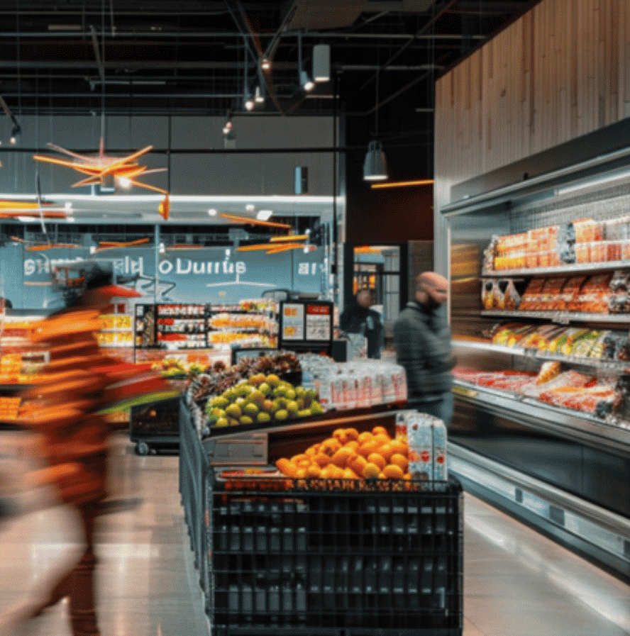 Commercial grocery refrigeration display cases keeping packaged foods and produce cool in a modern retail store.