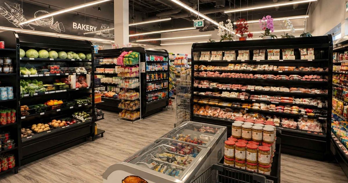 Angela’s Deli Newmarket grocery store with refrigerated cases for produce, deli, frozen, and specialty foods installed by ColWell Refrigeration.