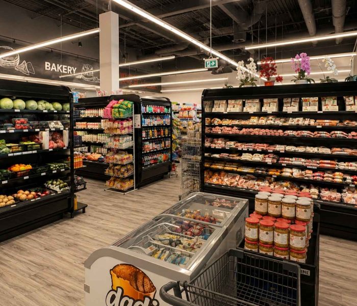 Angela’s Deli Newmarket grocery store with refrigerated cases for produce, deli, frozen, and specialty foods installed by ColWell Refrigeration.