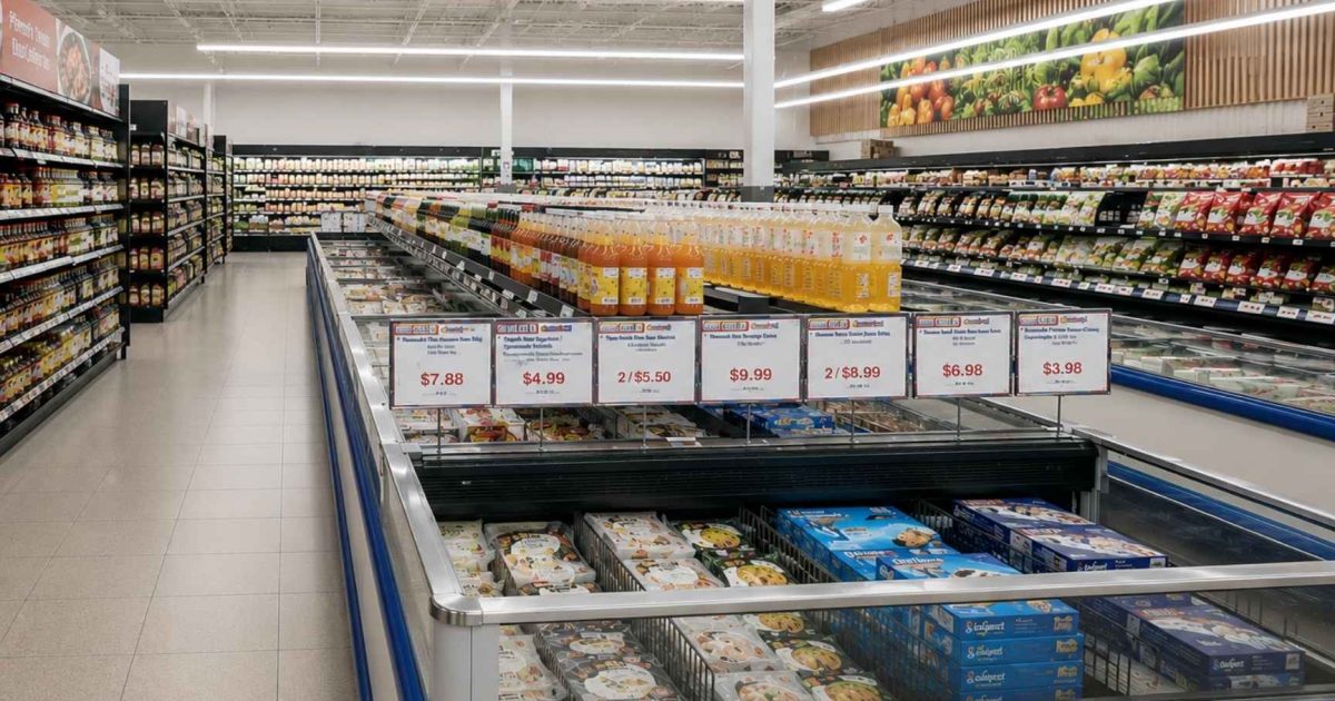 Asia Food Mart supermarket aisle with frozen food cases and refrigerated grocery displays installed by ColWell Refrigeration.