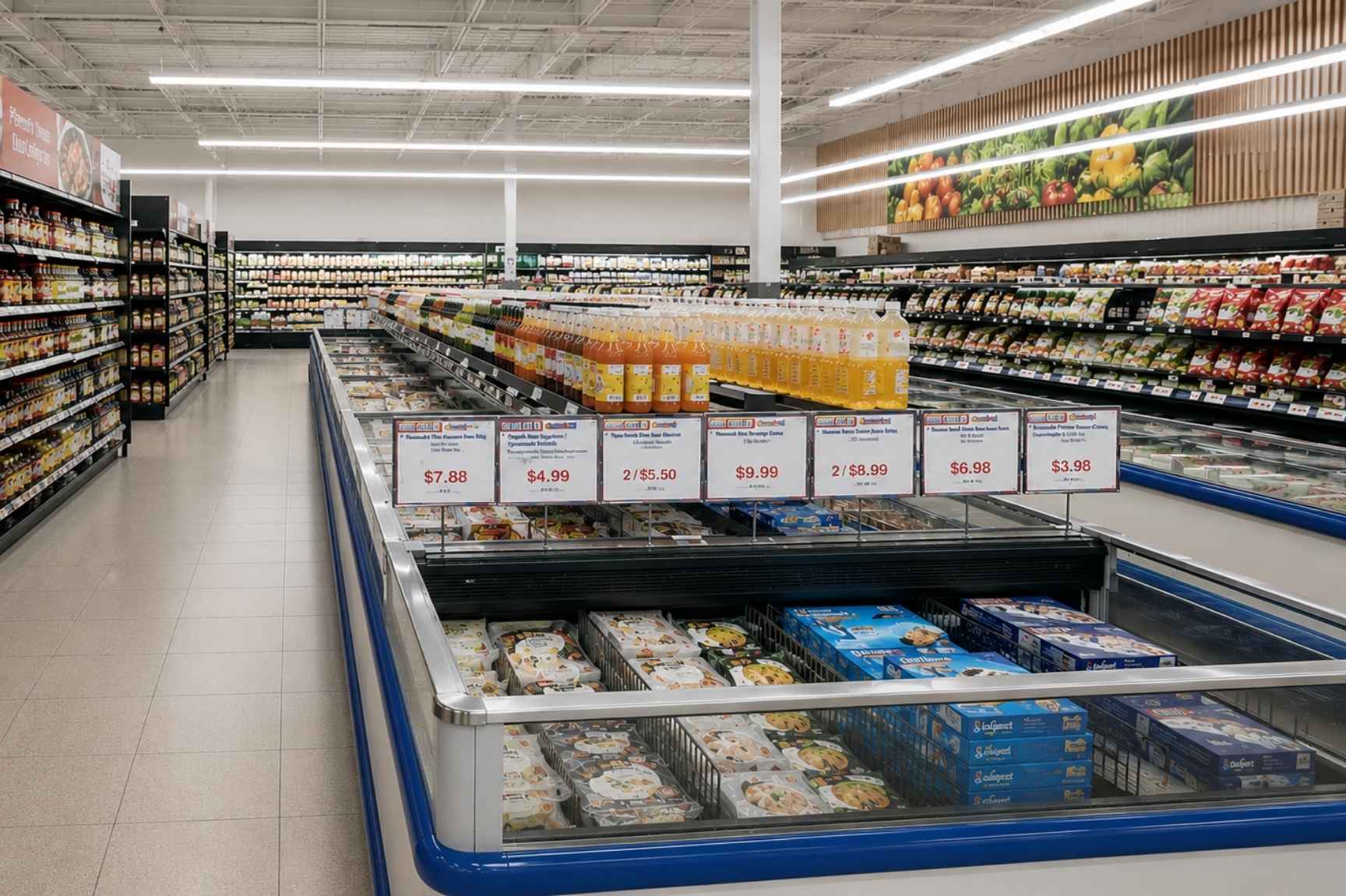 Asia Food Mart supermarket aisle with frozen food cases and refrigerated grocery displays installed by ColWell Refrigeration.