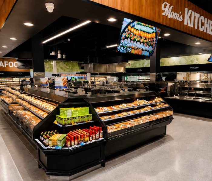 Galleria Supermarket K Town seafood and prepared food area with commercial refrigerated display cases installed by ColWell Refrigeration.