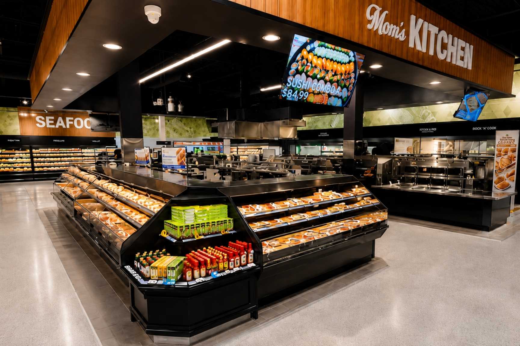 Galleria Supermarket K Town seafood and prepared food area with commercial refrigerated display cases installed by ColWell Refrigeration.