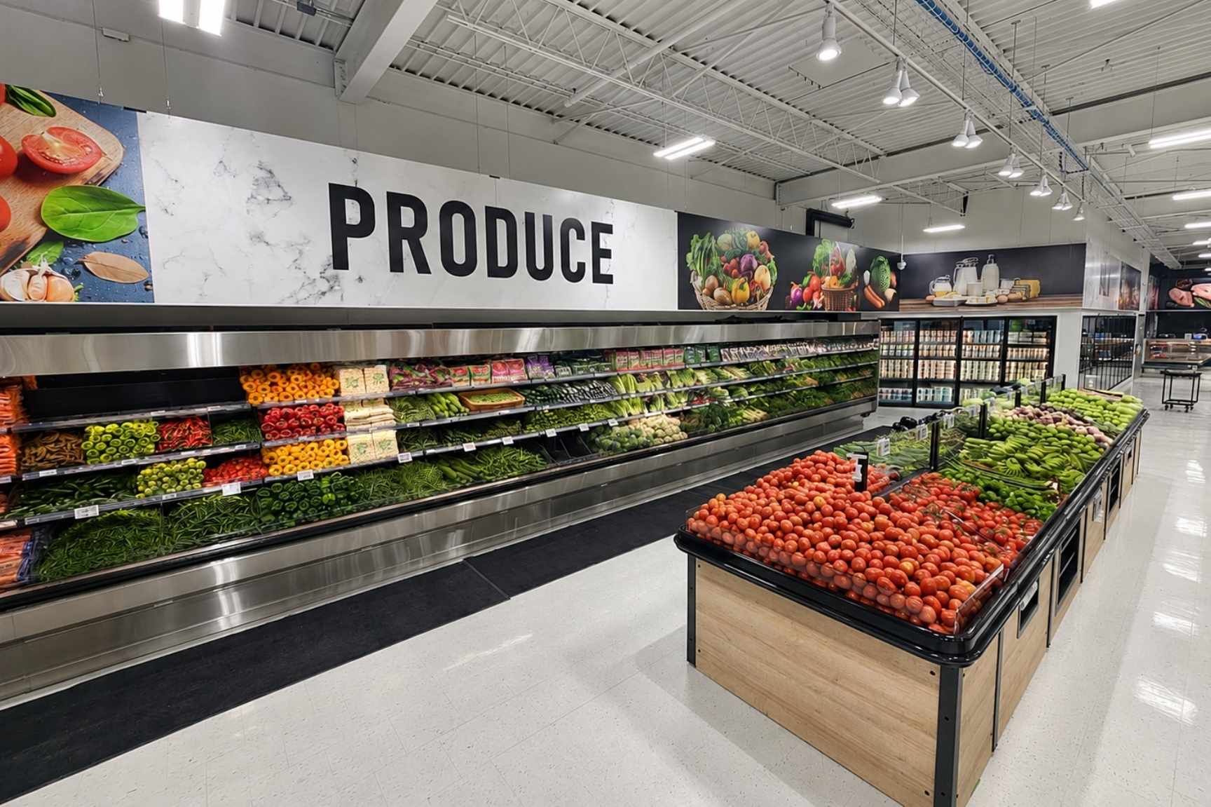 Iqbal Foods produce department with commercial refrigerated displays installed by ColWell Refrigeration.
