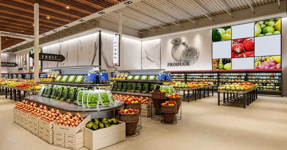 JH Supermarket London produce department with commercial refrigerated displays installed by ColWell Refrigeration.