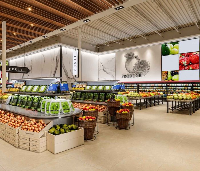JH Supermarket London produce department with commercial refrigerated displays installed by ColWell Refrigeration.
