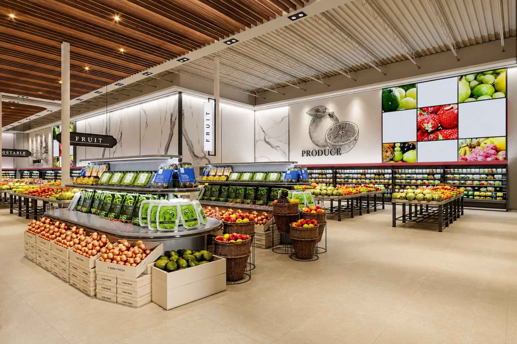 JH Supermarket London produce department with commercial refrigerated displays installed by ColWell Refrigeration.